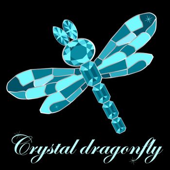 Dragonfly made of crystals. Elegant brooch vector illustration on black background