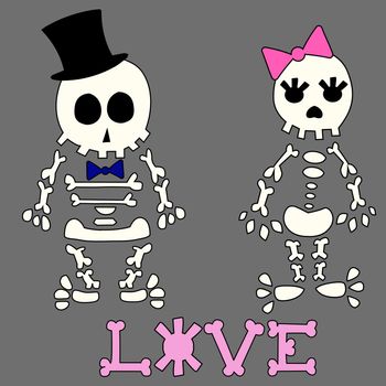 Funny postcard with cute skeletons. Vector illustration.