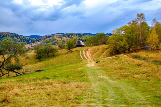 Colorful autumn landscape in the Romanian Carpathians, Fantanele village, Sibiu county, Cindrel mountains, 1100m, Romania