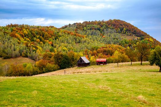 Colorful autumn landscape in the Romanian Carpathians, Fantanele village, Sibiu county, Cindrel mountains, 1100m, Romania