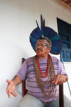 pau brasil , bahia / brazil - may 10, 2012: Nailton Muniz, chieftain and indigenous leader Pataxo Hahahae in the municipality of Pau Brazil.