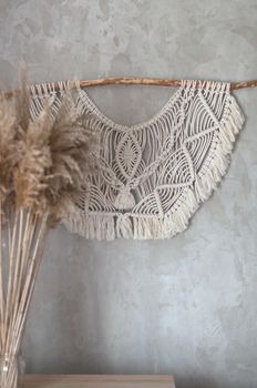 reed plant on the background of a gray concrete wall with macrame panels