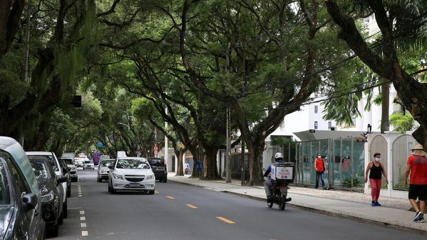 salvador, bahia, brazil - december 14, 2020: vehicles are seen on a tree-lined street in the Corredor da Vitoria in the city of Salvador.