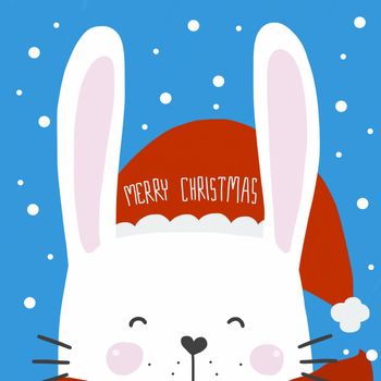 Cute white rabbit wear Merry Christmas hat watercolor painting illustration