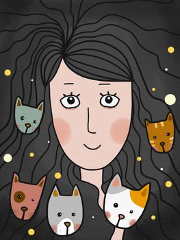 Woman and cats watercolor painting illustration