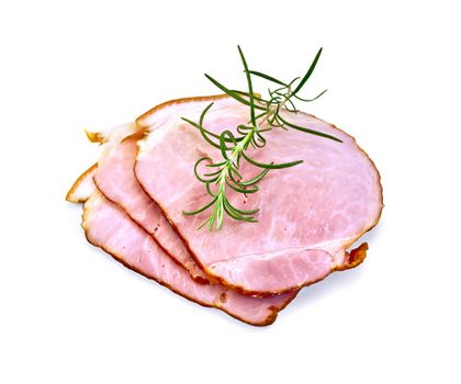 Thin slices of smoked ham with a sprig of rosemary isolated on white background