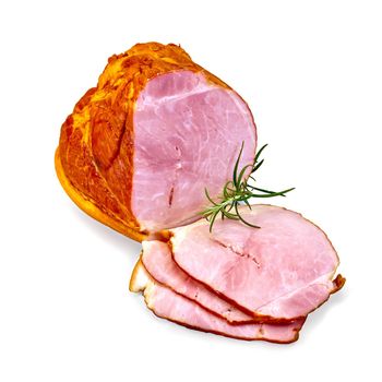 Smoked ham with a sprig of rosemary isolated on white background