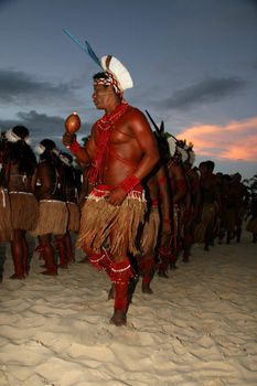 santa cruz cabralia, bahia, brazil - april 19, 2009: Pataxo Indians are seen during disputes at indigenous games in the Coroa Vermelha village in the city of Santa Cruz Cabralia.