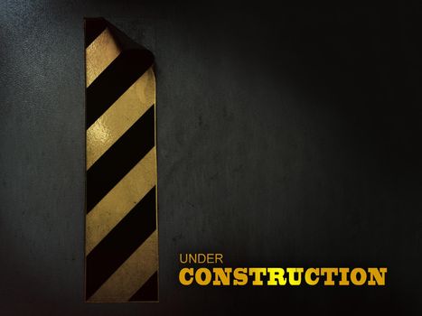 Under construction word on Black and yellow stripes sticker sign on dark background