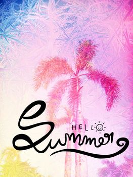 Hello summer word on pastel palm tree background illustration