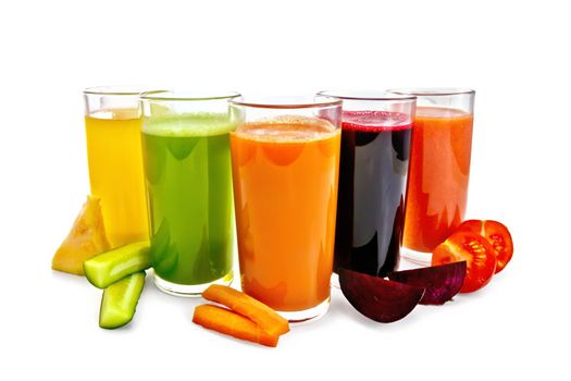 Five tall glasses with juice of carrot, cucumber, tomato, beetroot and pumpkin with vegetable slices isolated on white background