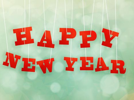 Happy New Year word hanging on green bokeh background illustration