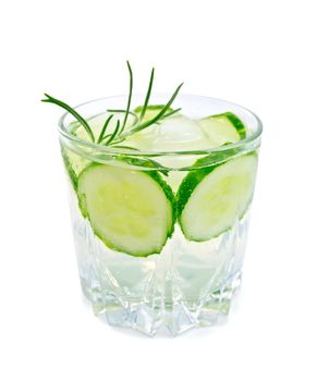 Lemonade with fresh cucumber and rosemary in glassful isolated on white background