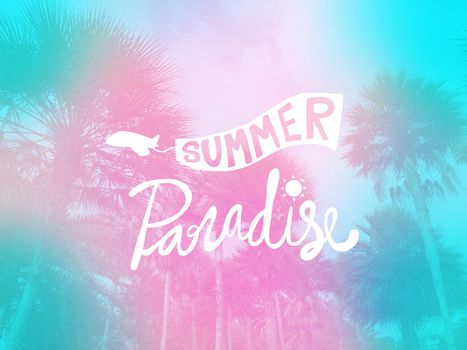 Summer paradise word and palm tree pink and blue gradient background