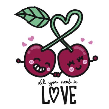 Couple cherry , All you need is love cartoon vector illustration