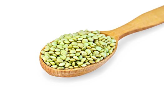 Green lentils in a wooden spoon isolated on white background