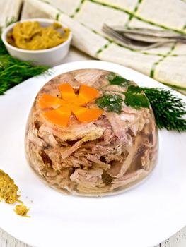 Jellied pork meat and beef, decorated with a flower from carrots and parsley on a plate with mustard and dill, a towel on the background light wooden boards