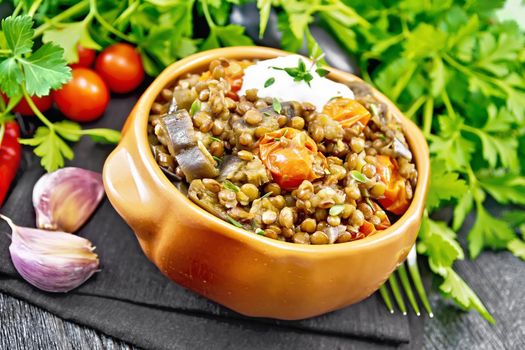 Green lentils stewed with eggplant, tomatoes, garlic and spices, sour cream sauce with a sprig of thyme in bowl on a kitchen towel, parsley on wooden board background