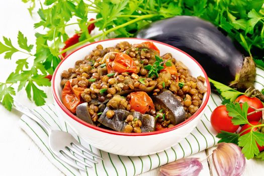 Green lentils stewed with eggplant, tomatoes, garlic and spices in a bowl on a napkin, parsley on wooden board background