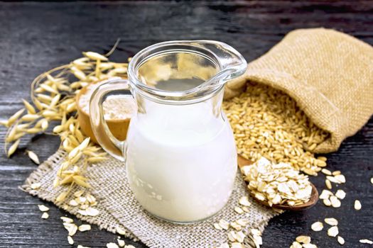 Oat milk in jug, flour in bowl, oatmeal in spoon, grain in jute bag, oaten stalks on burlap against dark wooden board