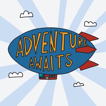 Adventure awaits flying balloon on sky cartoon vector illustration