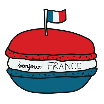 Bonjour (mean good morning in English) France word and macaron cartoon vector illustration