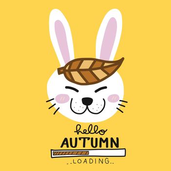 Hello autumn rabbit with leaf on head loading cartoon vector illustration
