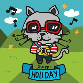 Cat photographer and traveller cartoon vector illustration