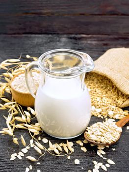 Oat milk in a jug, flour in bowl, oatmeal in a spoon, grain in bag, oaten stalks on a wooden board background