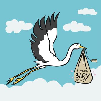 Stork bird bring baby cute cartoon vector illustration
