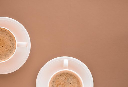 Drinks menu, italian espresso recipe and organic shop concept - Cup of hot coffee as breakfast drink, flatlay cups on beige background