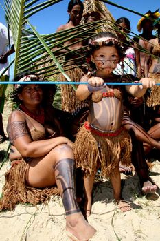 santa cruz cabralia, bahia / brazil - april 19, 2008: Pataxo Indians are seen during disputes at indigenous games in the Coroa Vermelha village in the city of Santa Cruz Cabralia.