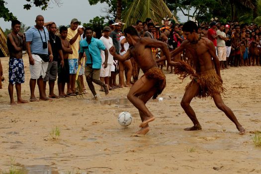 santa cruz cabralia, bahia / brazil - april 20, 2009: indians of the Pataxo ethnicity are seen during a soccer match at indigenous games in the Coroa Vermelha village in the city of Santa Cruz Cabralia.