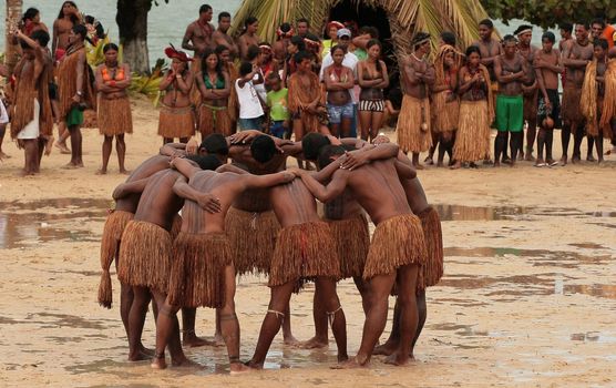 santa cruz cabralia, bahia / brazil - april 20, 2009: Ethnic Pataxo Indians are seen at a soccer match at Coroa Vermelha Village during the IX Edition of the Indian Games.
