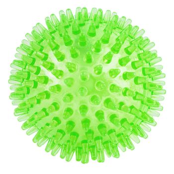 transparent green spiked plastic ball isolated on white background - massager, dog toy and COVID-19 coronavirus symbol and model