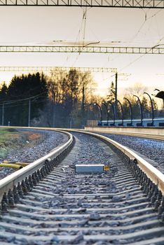 railroad rails on concrete sleepers. updated railway for high-speed, express train railway, close-up, Estonia