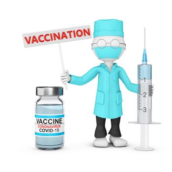 A doctor in a lab coat with a syringe stands next to a bottle of vaccine. 3d render.