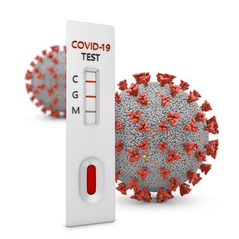 Rapid test for the detection of antibodies and coronavirus molecule on a white background. 3d render.