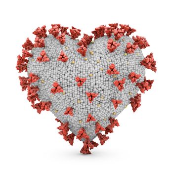 Coronavirus in the shape of a heart on a white background. 3d render.