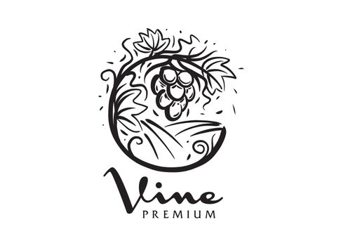 Vector logo drawn by hand. Landscape of vineyards for making wine.
