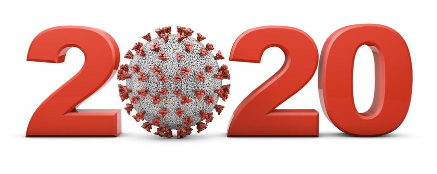 Volumetric figures 2020 and coronavirus covid-19 on a white background. 3d render.