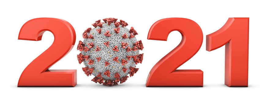 Volumetric figures 2021 and coronavirus covid-19 on a white background. 3d render.