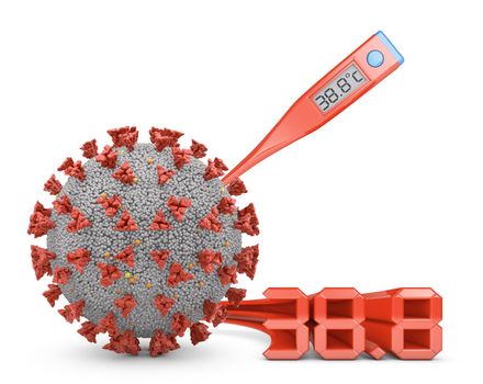 Thermometer 38.8 and a coronovirus cell. 3d render