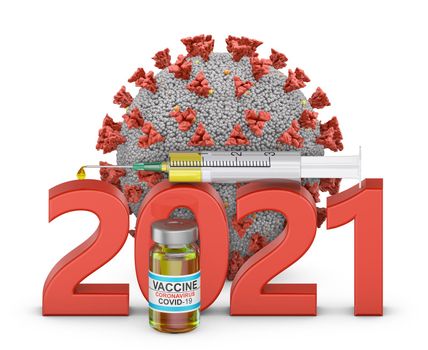 Volumetric text 2021 with a syringe and a bottle of COVID 19 vaccine against the background of coronavirus. 3d render