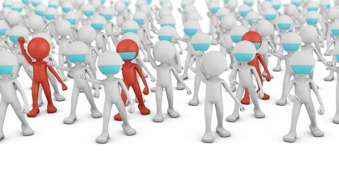 A crowd of white and red masked men. 3d render.
