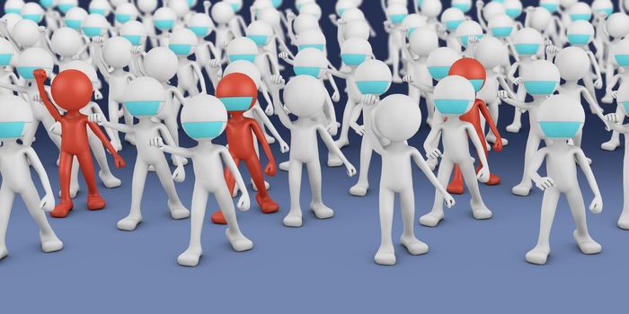 A crowd of white and red masked men. 3d render.