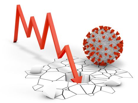 Arrow graph breaks the floor next to the coronavirus. 3d render.