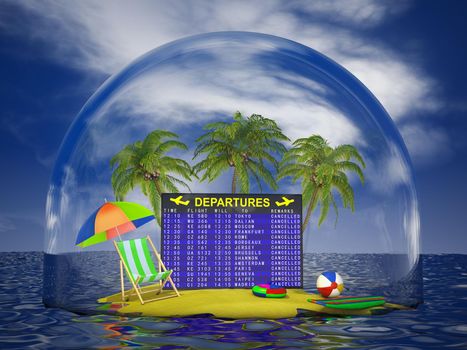 Airport departure board with canceled flights on the domed island. 3d render.