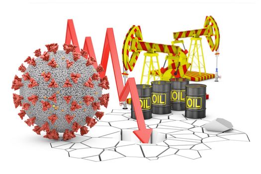 Arrow graph breaks the floor next to a coronavirus and barrels of oil. 3D rendering.