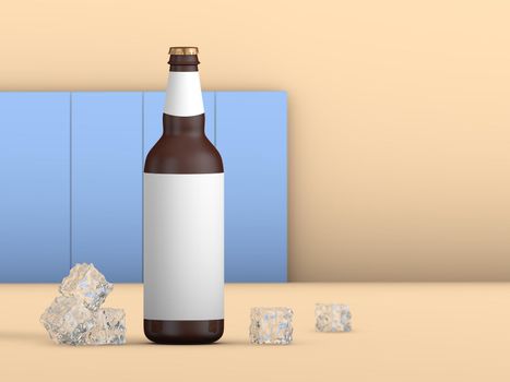 Beer bottle with blank label and pieces of ice. 3d render.